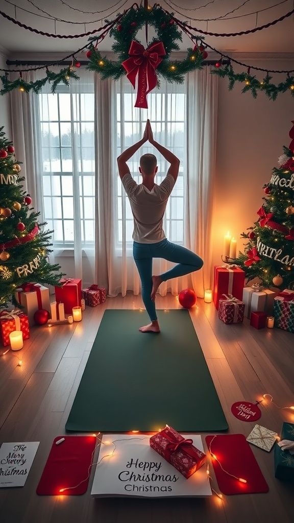 A person practicing yoga in Tree Pose surrounded by Christmas decorations and cards.